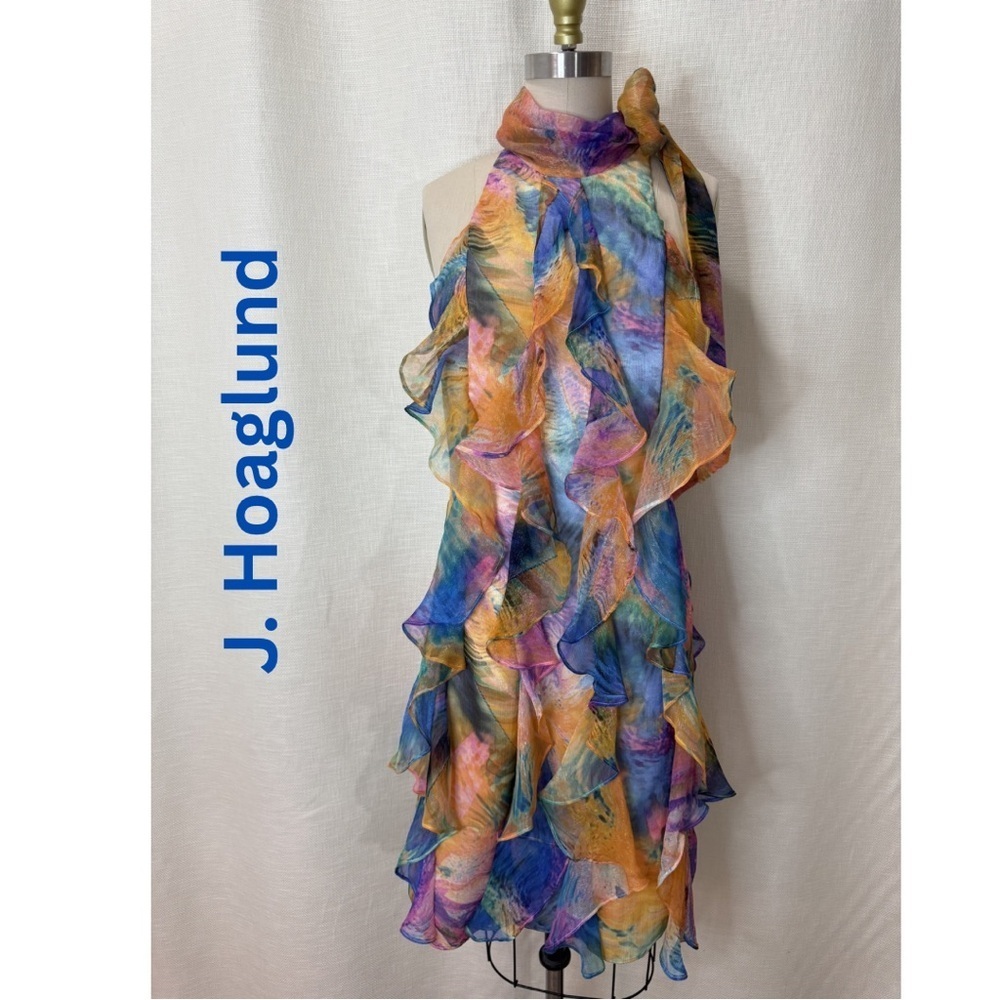 J Hoaglund Silk Chiffon Ruffle Halter Dress Multicolor Size 8 Boho